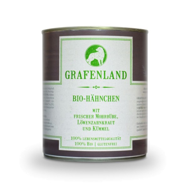 Grafenland Bio Hähnchen mit frischer Mohrrübe, Löwenzahnkraut und Kümmel