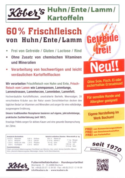 Köbers Huhn / Ente / Lamm / Kartoffel, getreidefrei 12,5kg